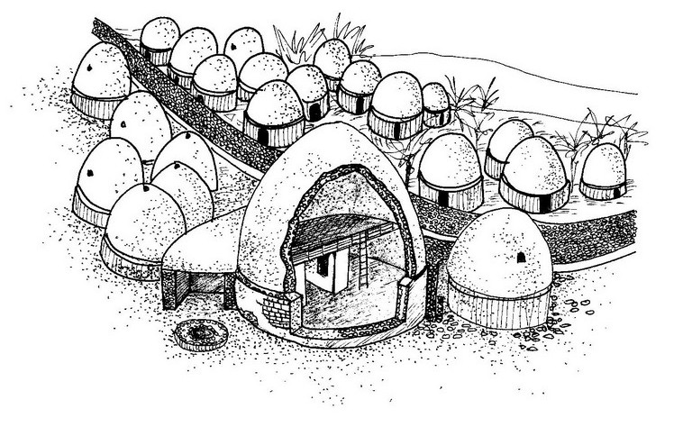 Chirokitia - Ricostruzione di un villaggio neolitico (Cipro) (Modificato da ''Dawn of Civilization'' 1961)