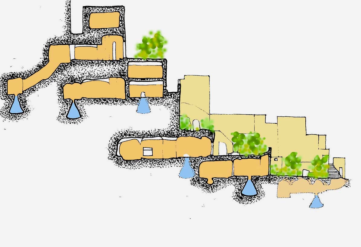 Matera – Sezione dei grandi complessi ipogei formati da diversi piani sovrapposti. Si creano strade e giardini pensili organizzati su terrazzi degradanti e cisterne a campana nel fondo degli ipogei.