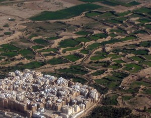 Shibam-Hadramaut L'agglomerato compatto della città circondato dalle depressioni d'argilla dei giardini coltivati