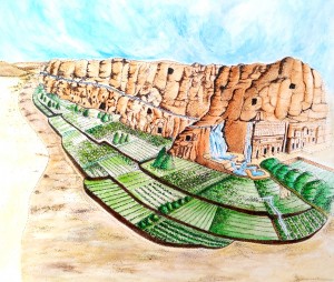 Proposta di ricostruzione del sistema delle acque e dei terrazzamenti coltivati del Wadi al Mataha. Restauro dell'ecosistema con il ripristino della vegetazione. ( Acquerello di Natalia Tarabella - Modificato da disegno di P.Laureano)
