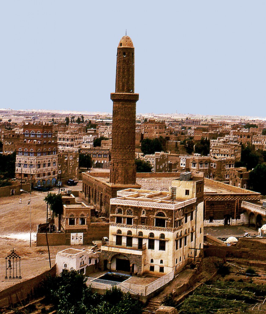 Tipica abitazione yemenita con l'affaccio davanti alla vasca d'acqua circondata dai giardini coltivati